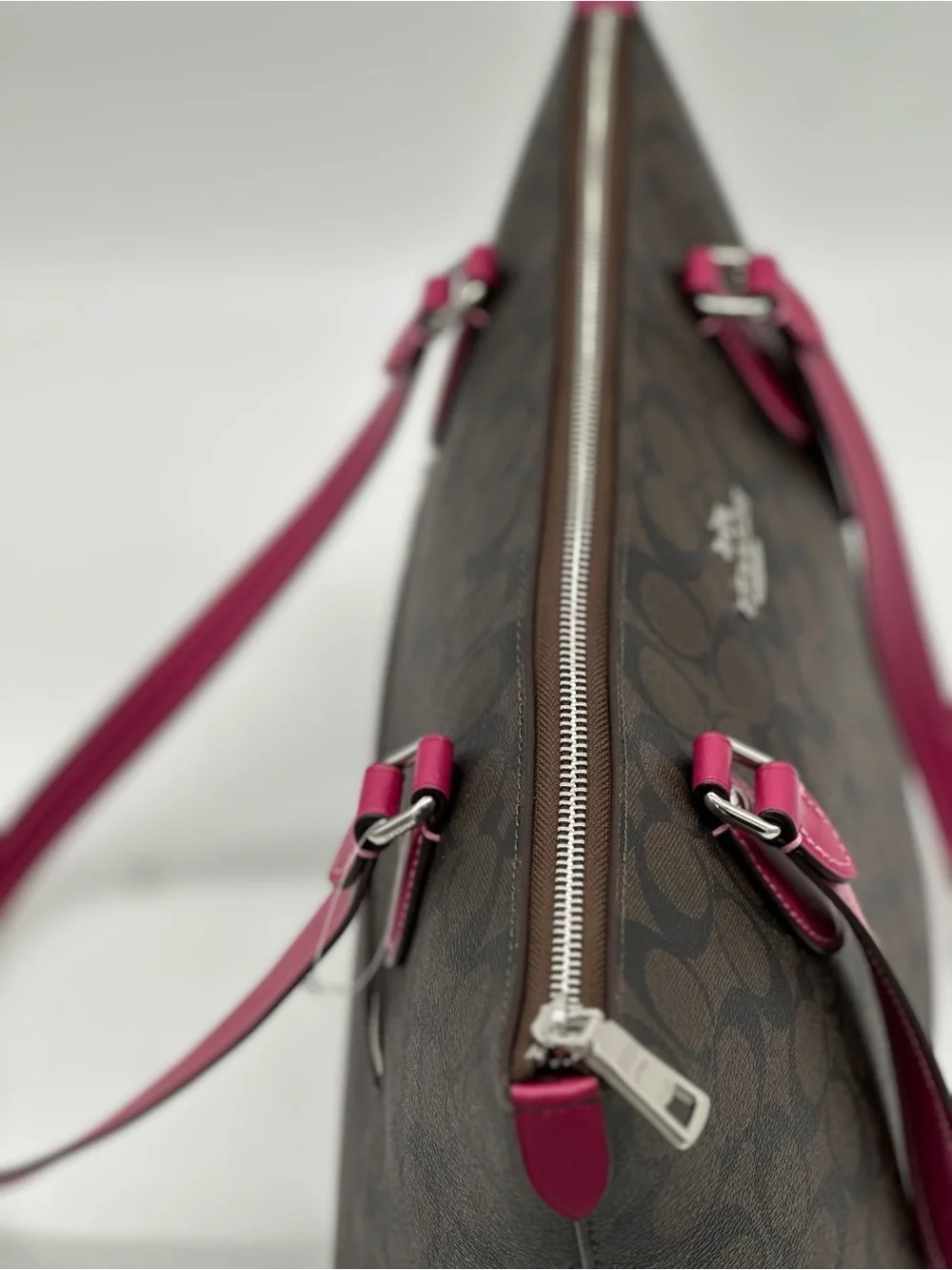 Coach Brown Signature Tote with Pink Handles